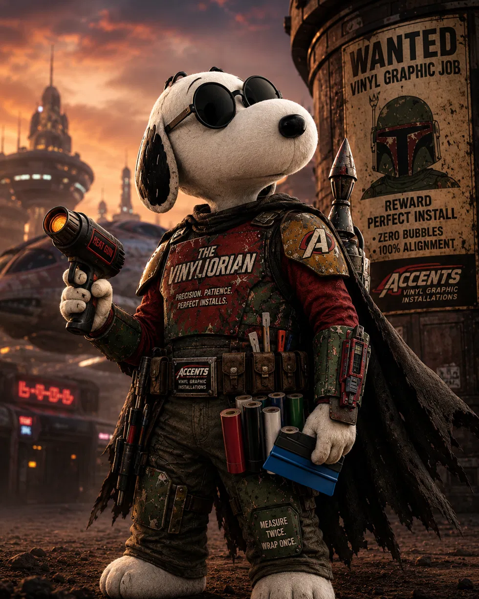 The Vinylorian, a beagle bounty hunter in weathered installer armor, standing in a desert sunset holding a heat gun and vinyl rolls